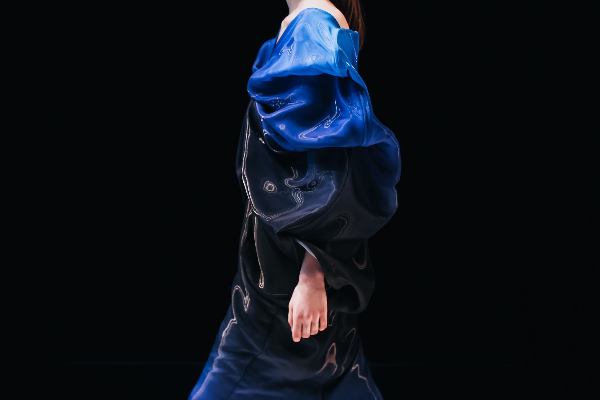 Creative Blue Designer Satin Dress On Female Figure, Fashion Details On Black Background, Copy Space